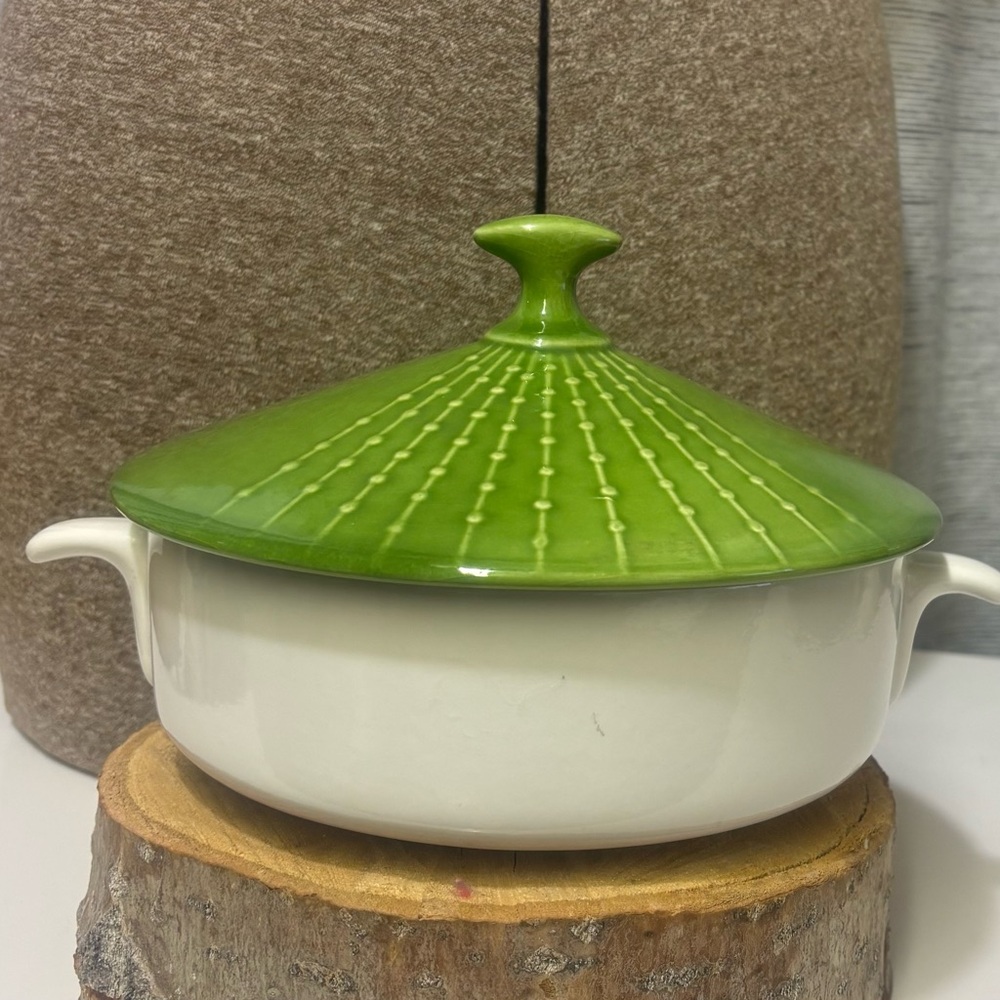 Vintage MCM Atomic Casserole Dish w/ Lid, Green Lid and White Base